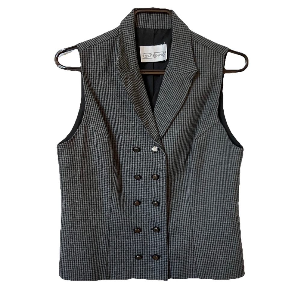 Two Roads Womens Grey Houndstooth Double Breasted Tailored Vest Notched Lapel